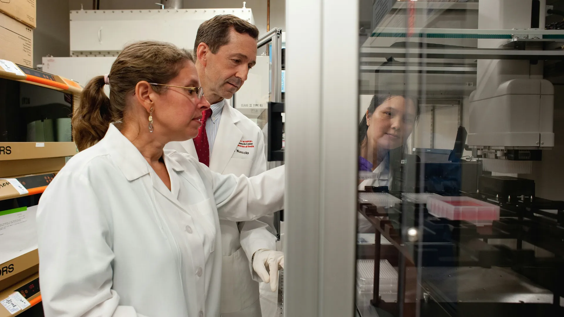 Scientist carefully examining laboratory samples in a clean professional lab environment with bright natural lighting and organized workspace