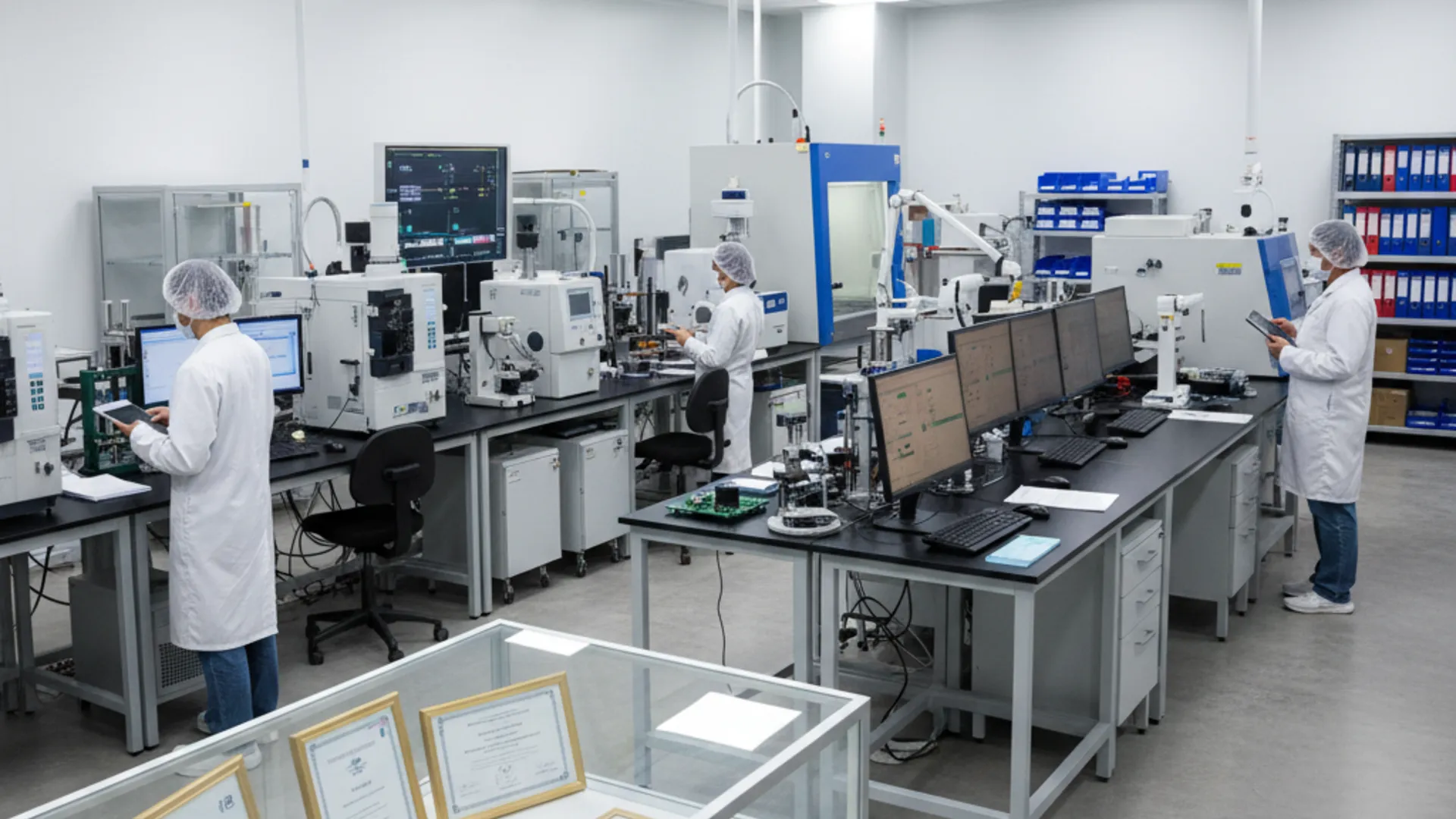 Modern laboratory with organized workbenches, analytical instruments, and bright clean environment representing professional scientific work